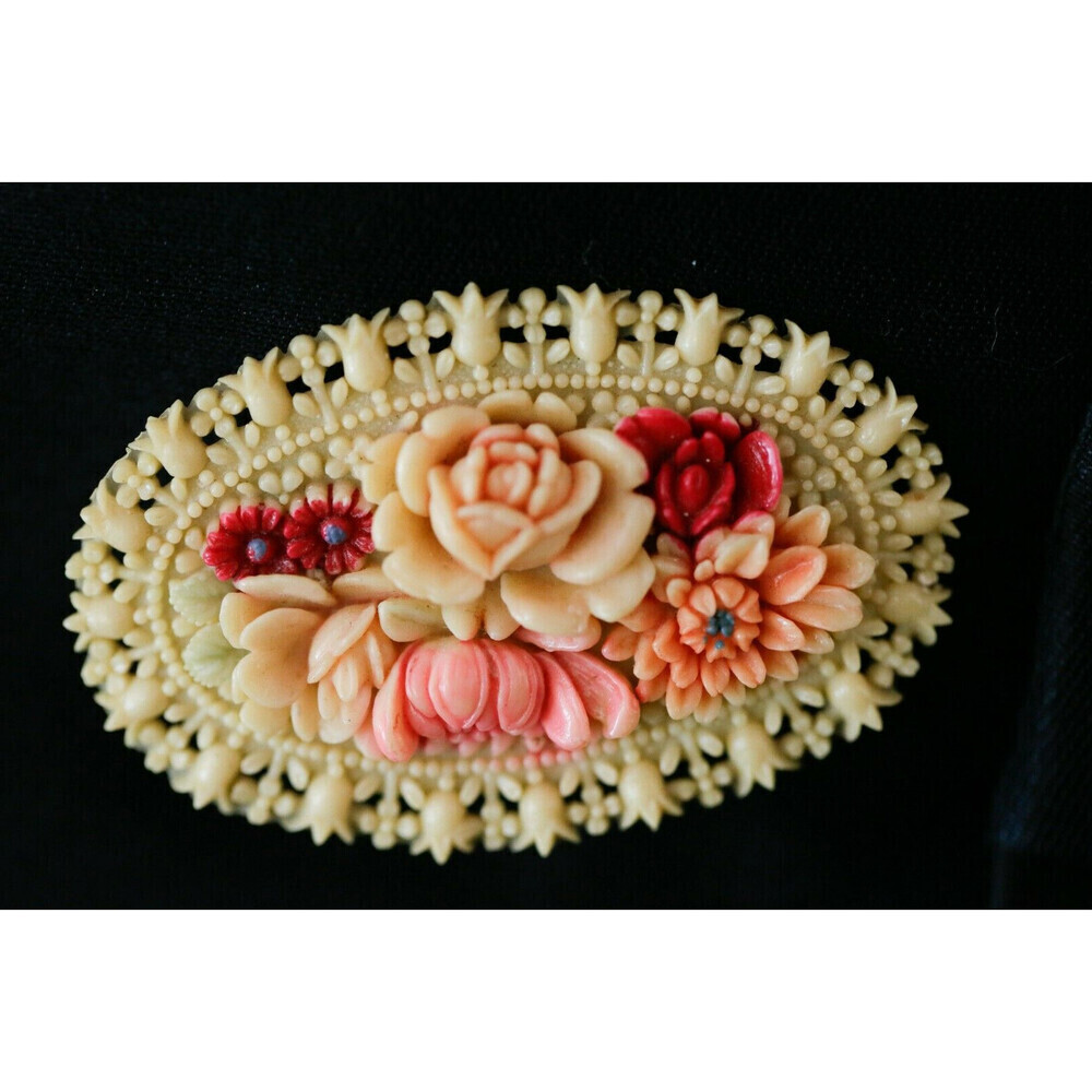 Vintage Carved Celluloid Plastic Floral Colourful Edwardian Style Oval Brooch...
